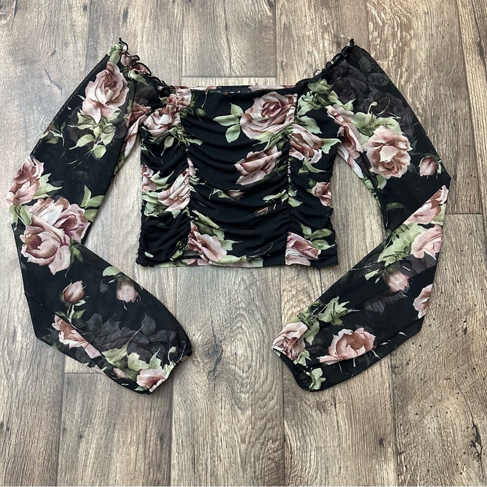 polly & esther floral long sleeve mesh crop top Women’s